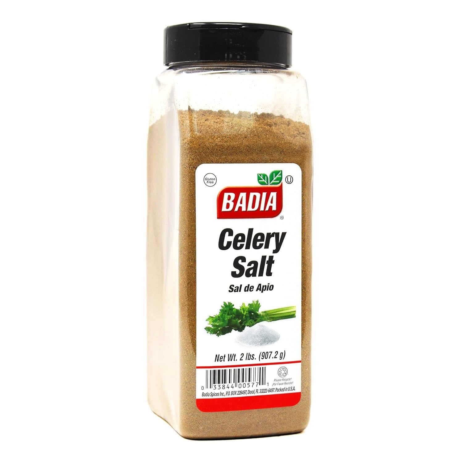 Badia celery salt front packaging shows size and easy-pour cap, adds consistent flavor