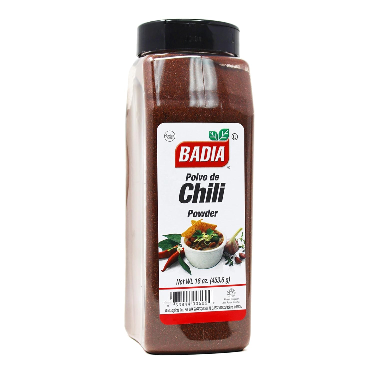 Badia chili powder front packaging showing label and 16 oz jar benefit easy storage