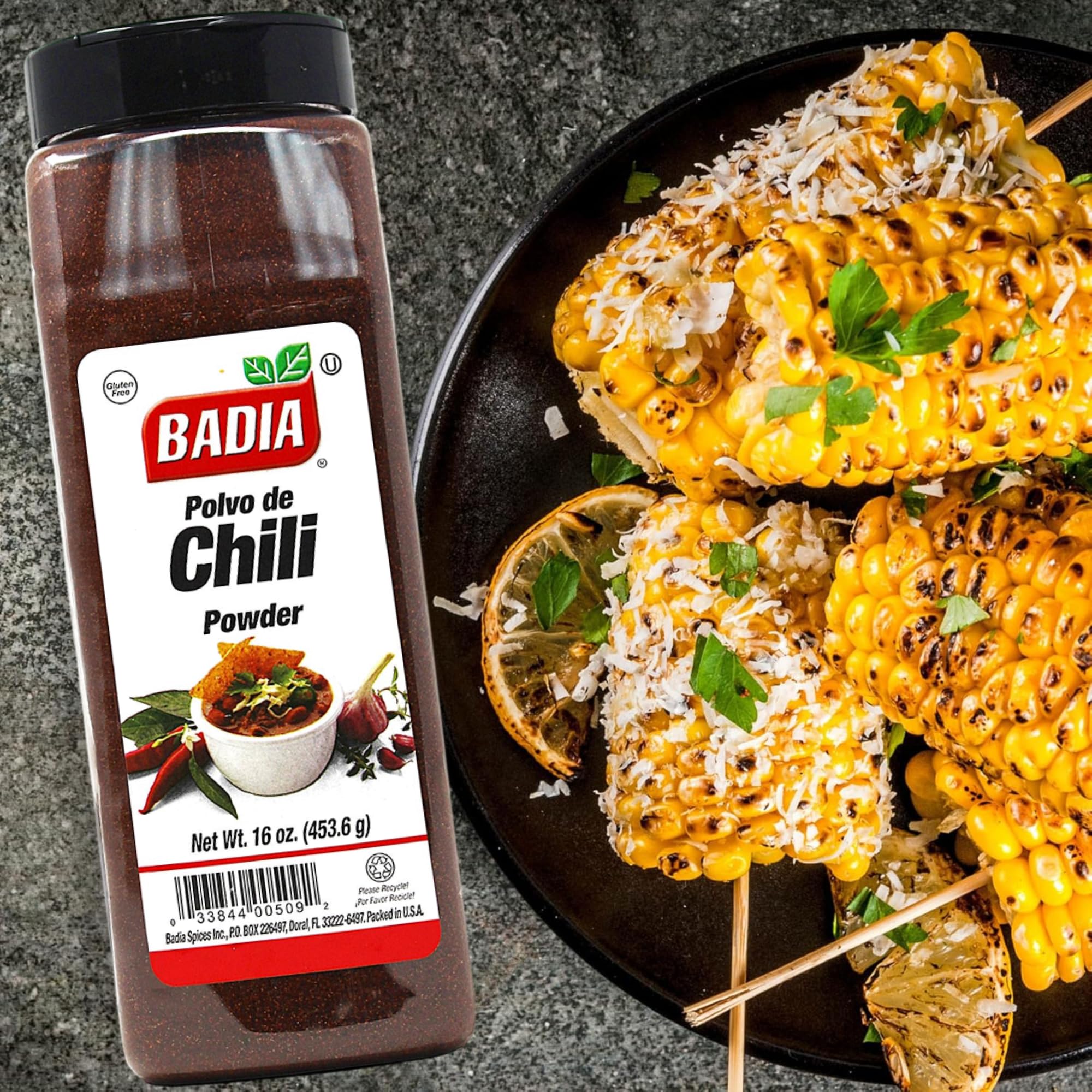 Badia chili powder spoon contents closeup showing texture and aroma boost