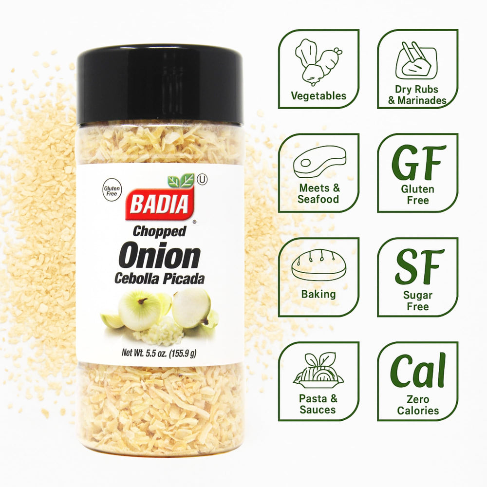 Close-up of Badia chopped onion flakes texture, concentrated flavor visible