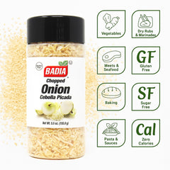 Close-up of Badia chopped onion flakes texture, concentrated flavor visible