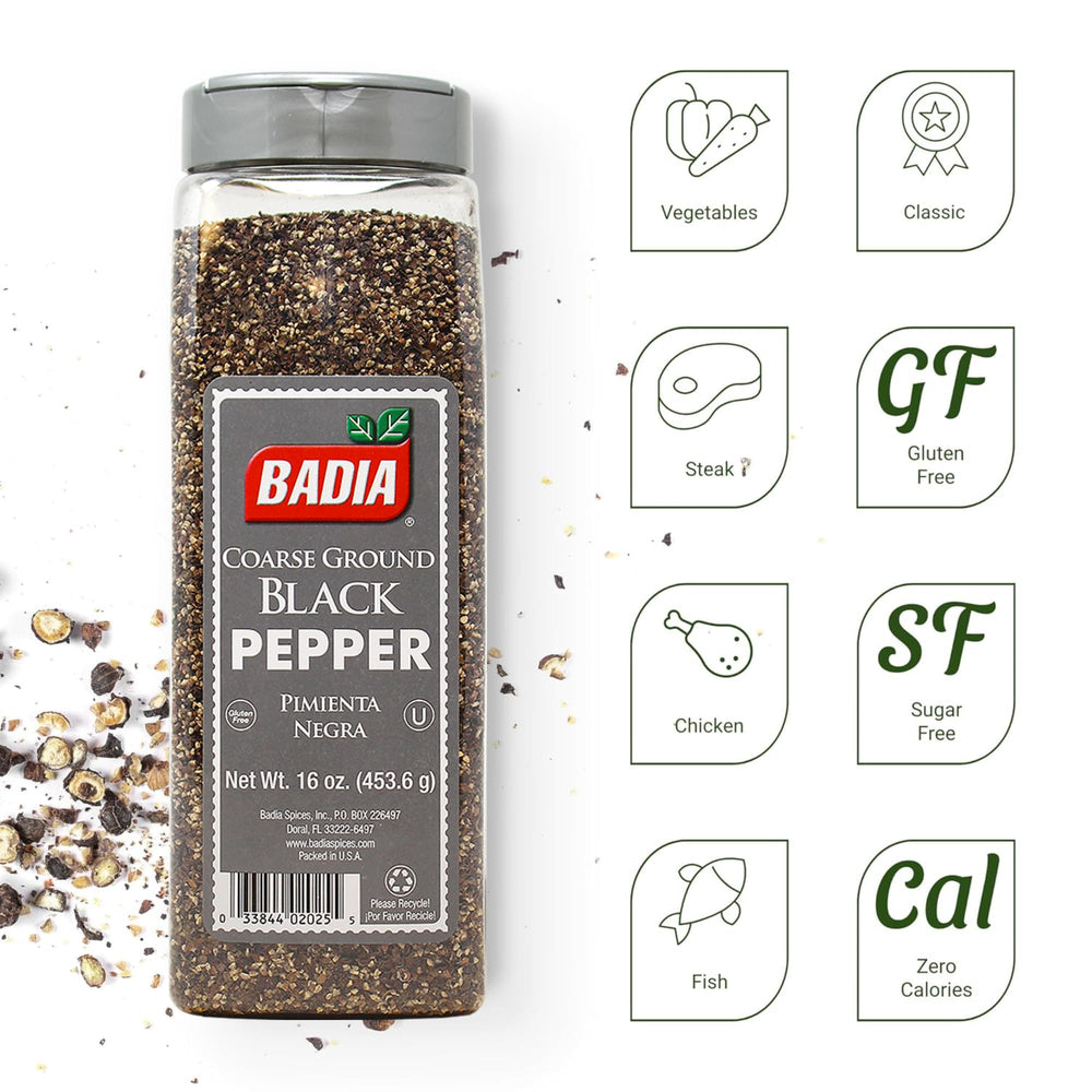 Badia close-up coarse black pepper granules showing texture and aroma