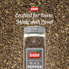Badia coarse black pepper sprinkled on steak adding visual crunch