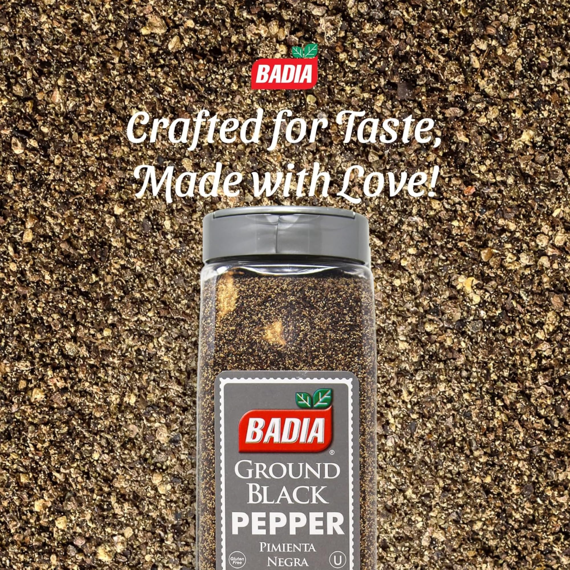 Badia open jar top view of finely ground pepper for immediate use