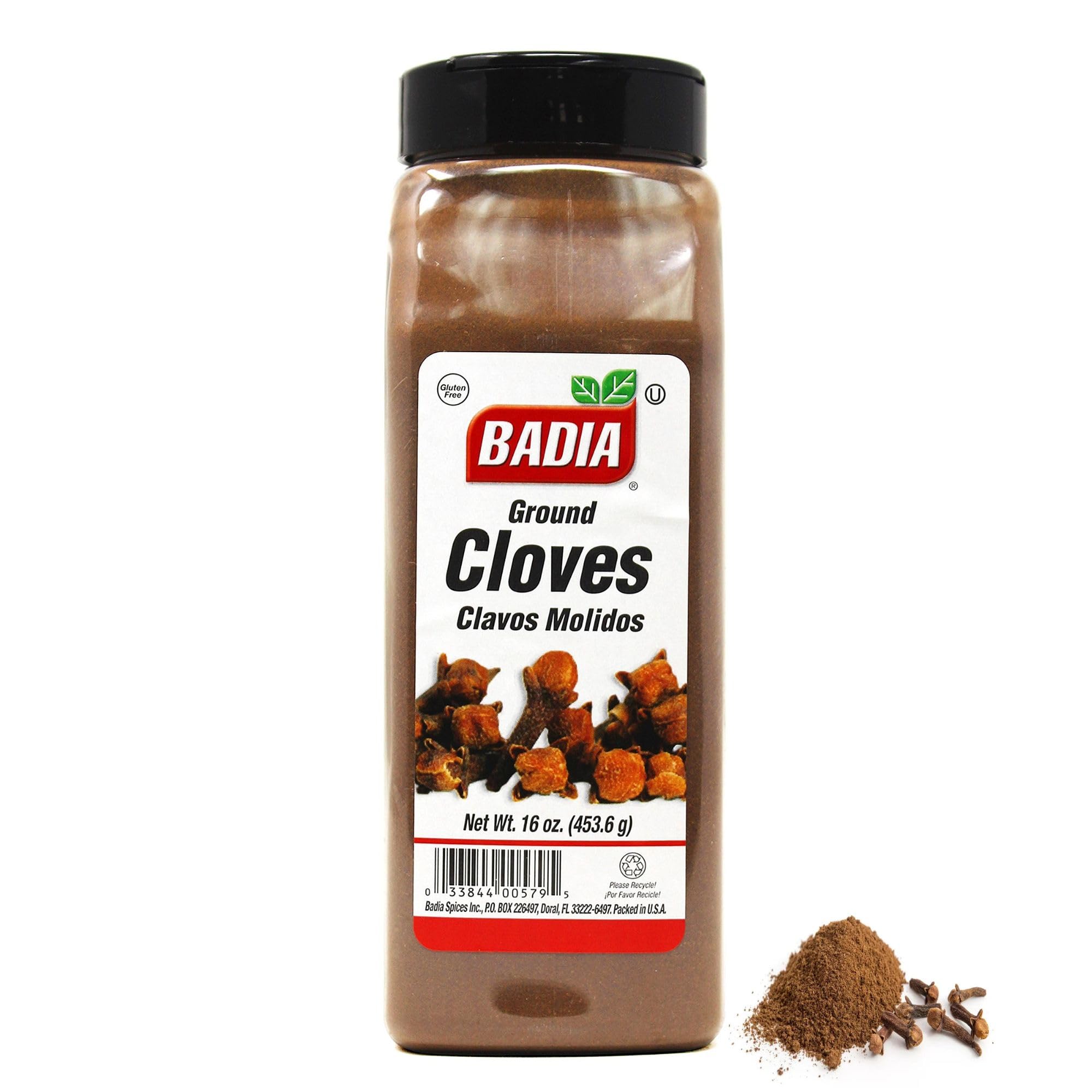 Badia front packaging of ground cloves showing brand and large 16 oz jar benefit