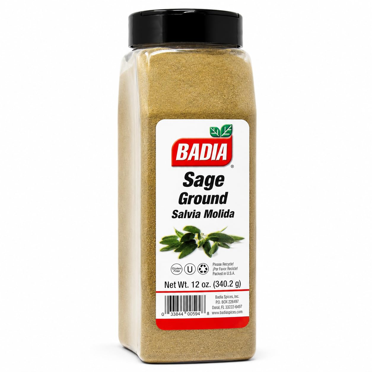 Badia ground sage front jar view showing label and 12 oz size benefit