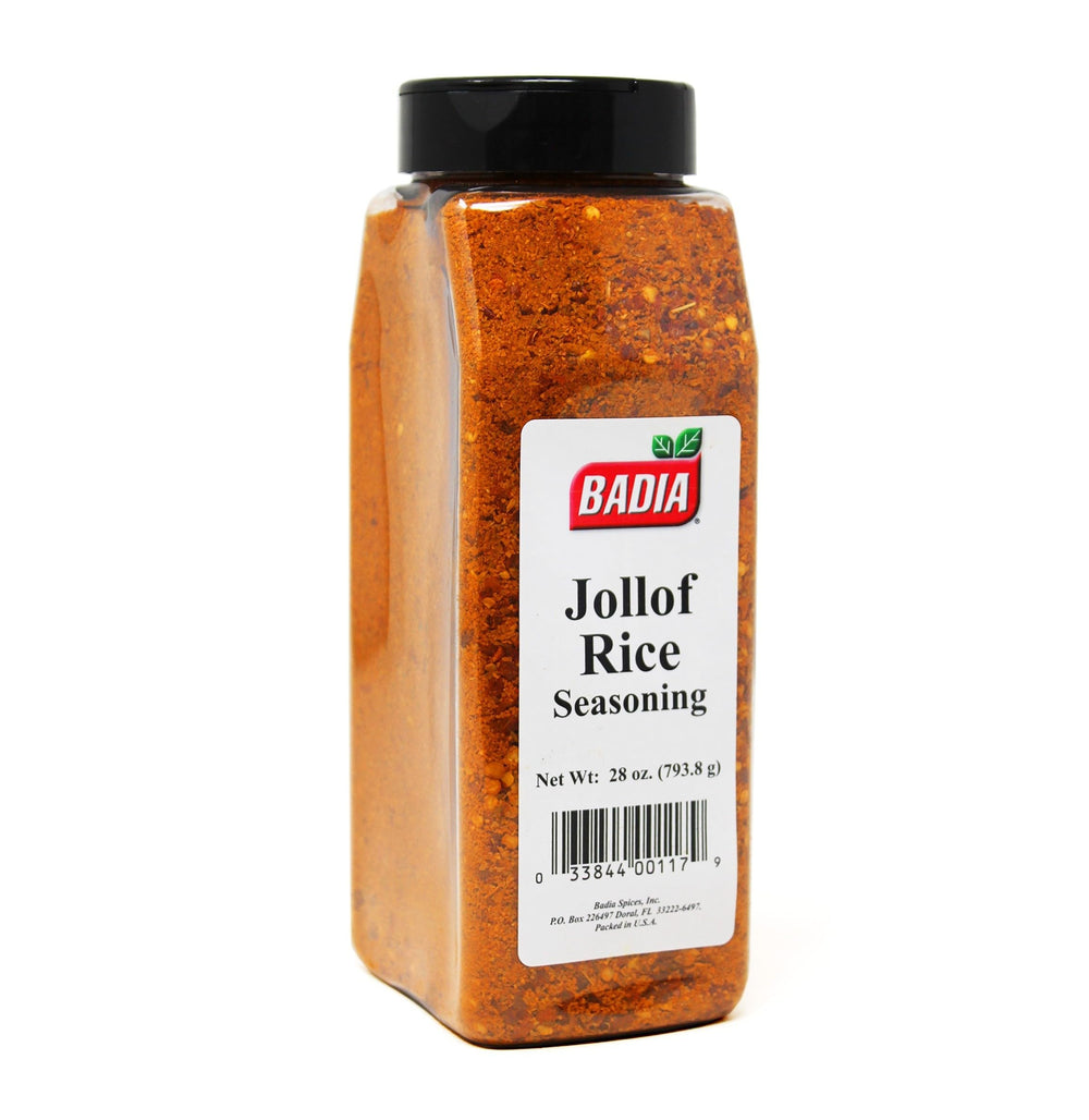 Badia jar front label showing brand and bold Jollof seasoning benefits