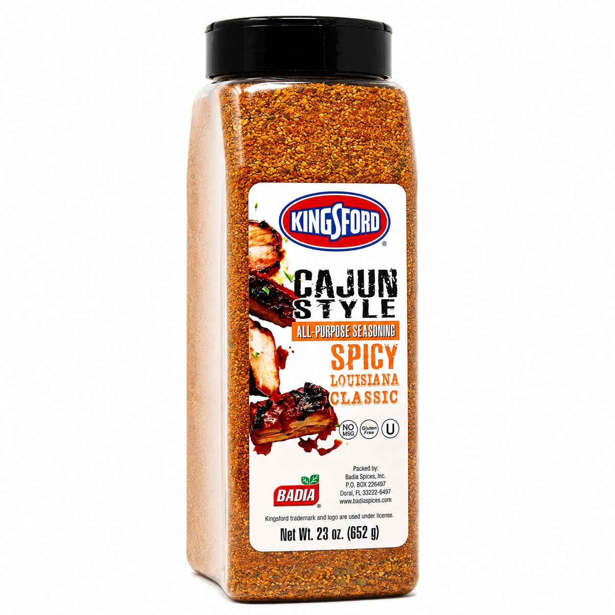 Badia Kingsford front label showing bold Cajun seasoning and 23 oz benefit