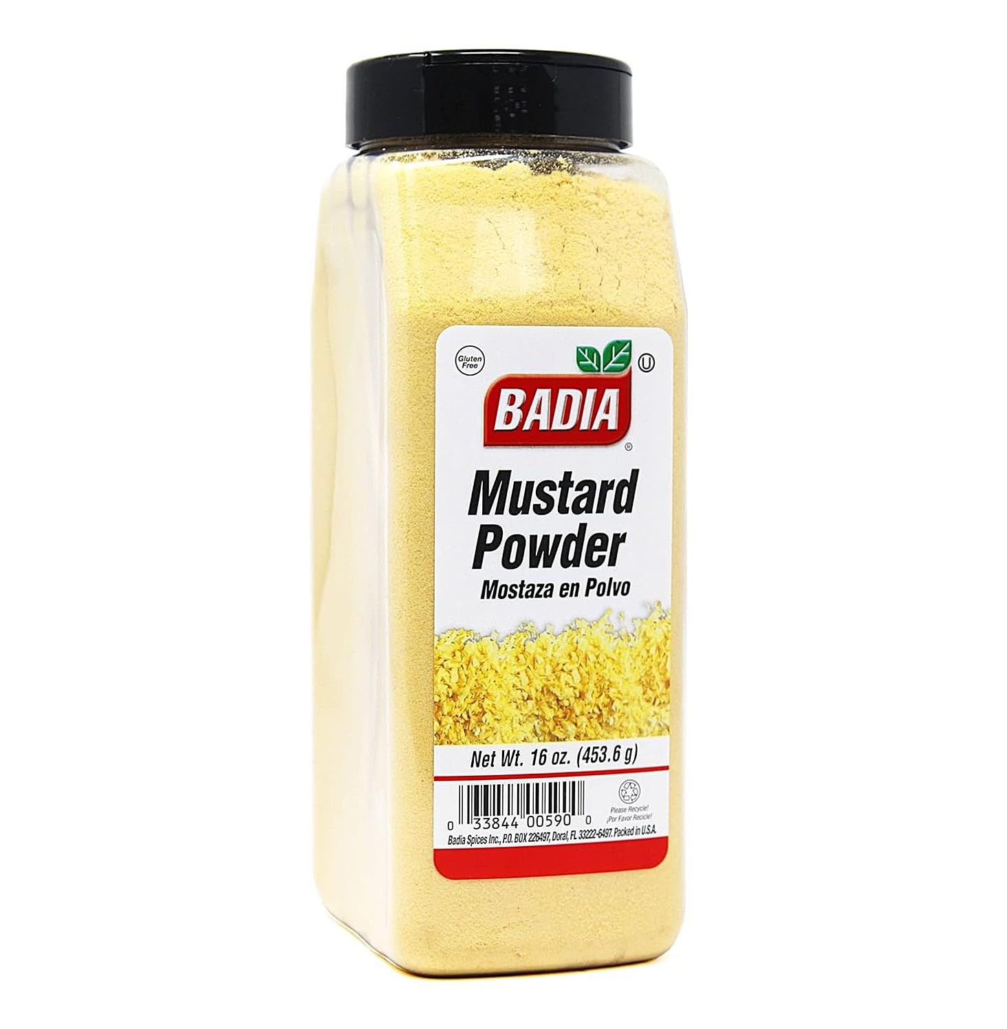 Badia mustard powder front jar showing label and 16 oz size, adds consistent flavor