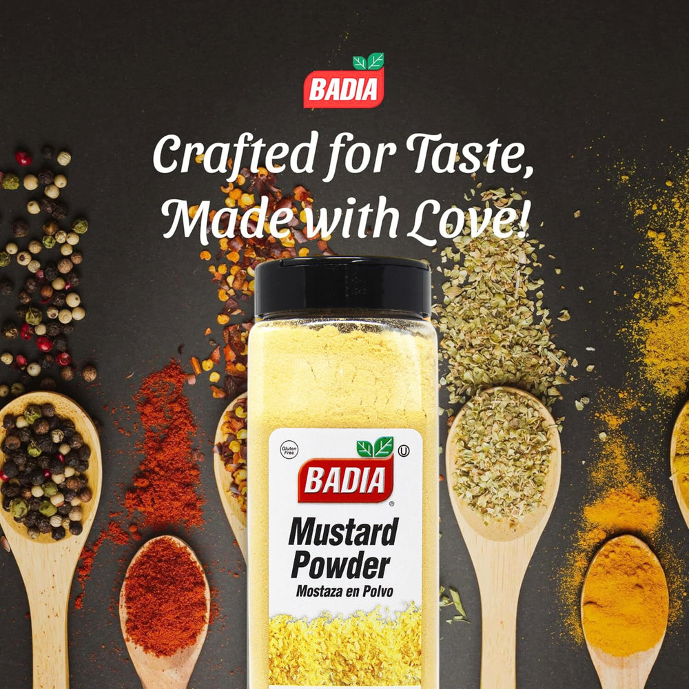 Badia mustard powder texture closeup highlighting fine grind for smooth incorporation