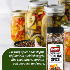 Badia pickling spice in-use with jar of homemade pickles demonstrating bright flavor