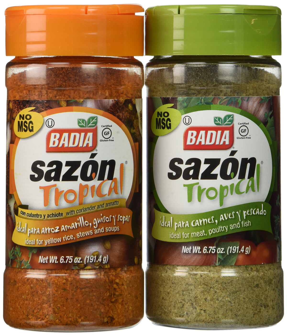 Badia Sazon Tropical front packaging showing jar label and bold color, enhances flavor