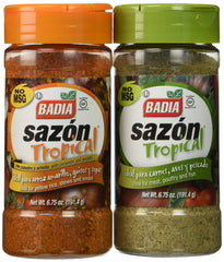 Badia Sazon Tropical front packaging showing jar label and bold color, enhances flavor