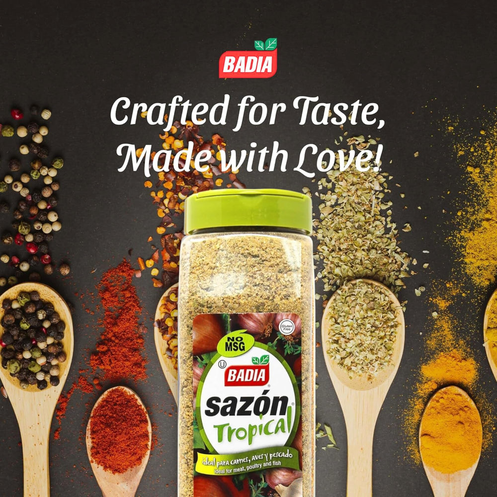 Badia open container close-up revealing coarse texture and vibrant color for seasoning impact