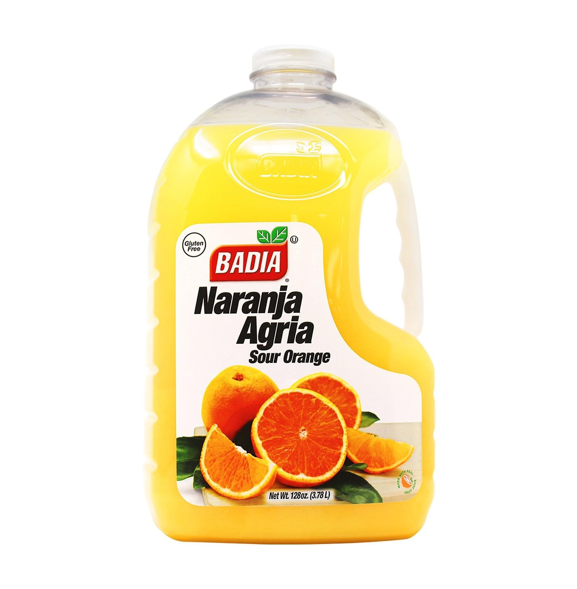 Badia sour orange front bottle showing full 128 fl oz container and easy-pour cap benefit