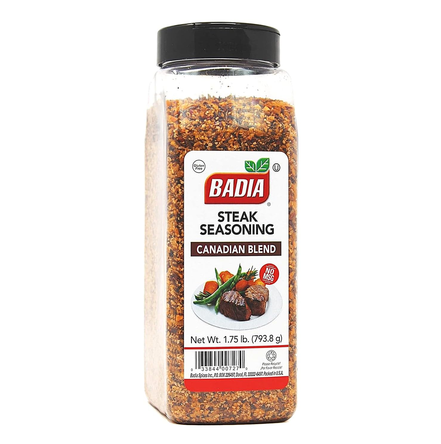 Badia front jar of steak seasoning showing label and large 28 oz size benefit