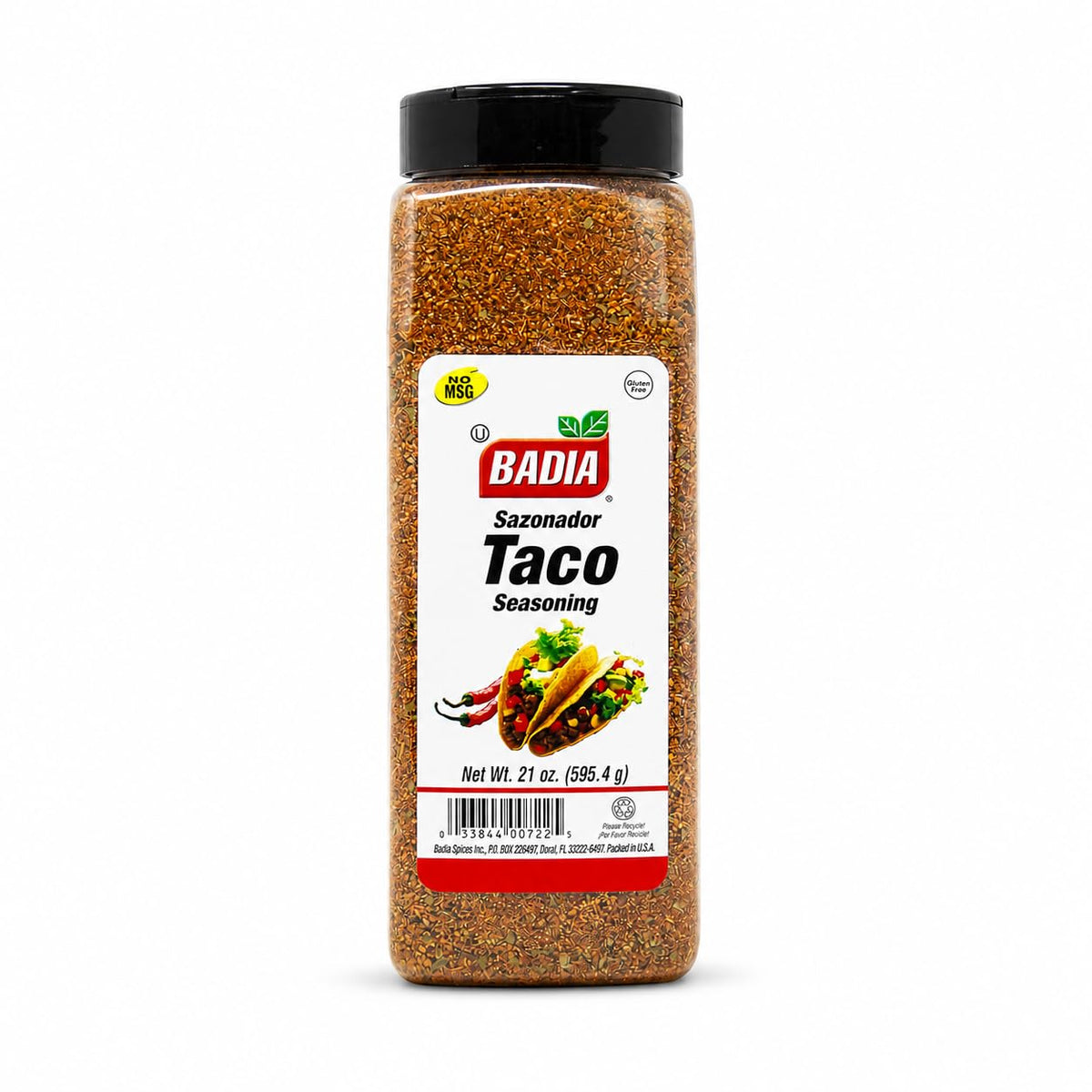 Badia front label on 21 oz taco seasoning jar showing brand and product use