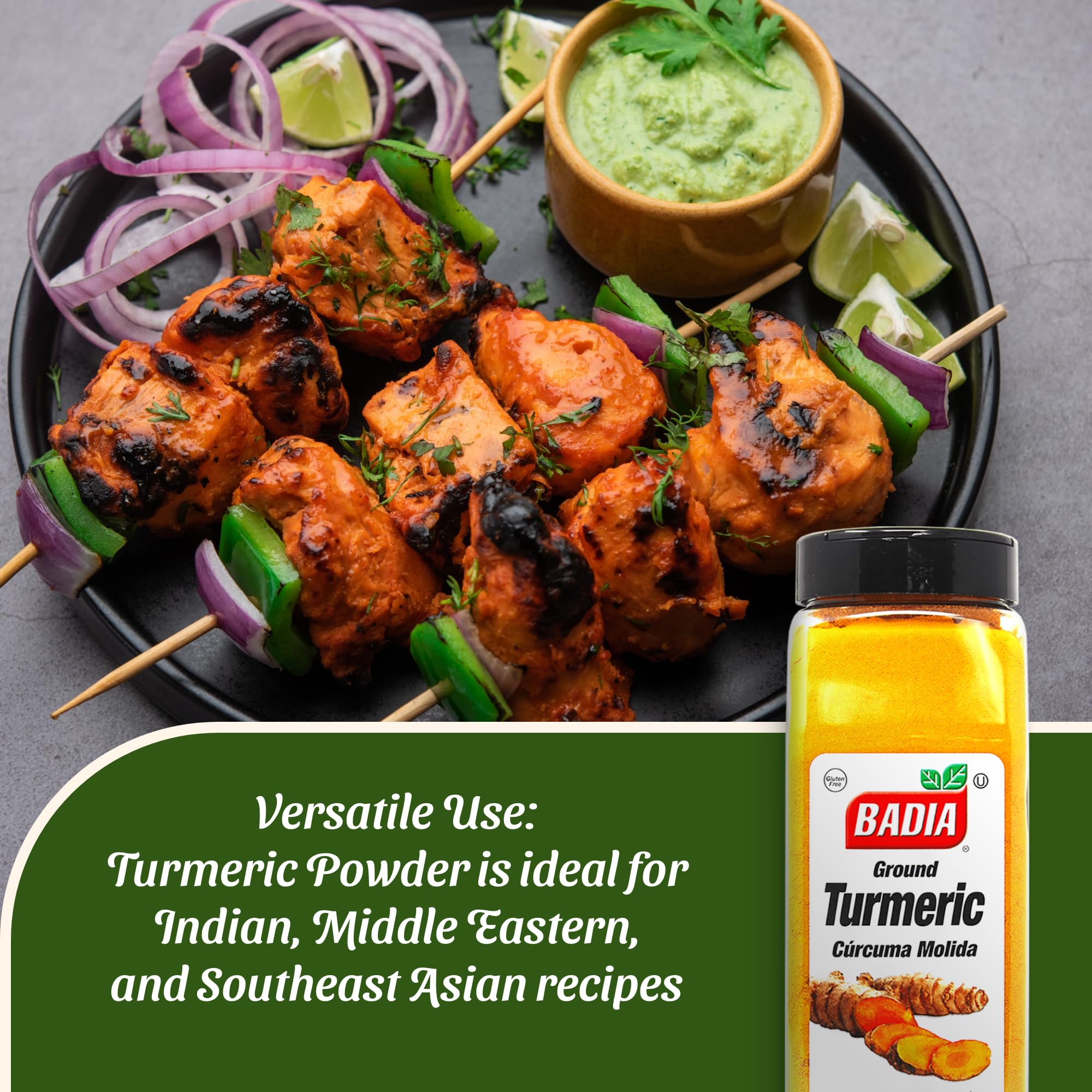 Badia turmeric powder on wooden scoop highlighting vibrant golden color