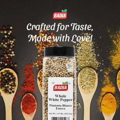 Badia white peppercorn close-up texture revealing pale seeds and fresh aromatic oils
