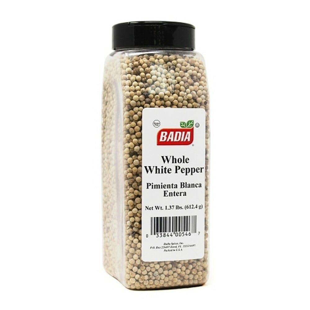 Badia whole white pepper jar front label showing brand and weight, useful for pantry stocking