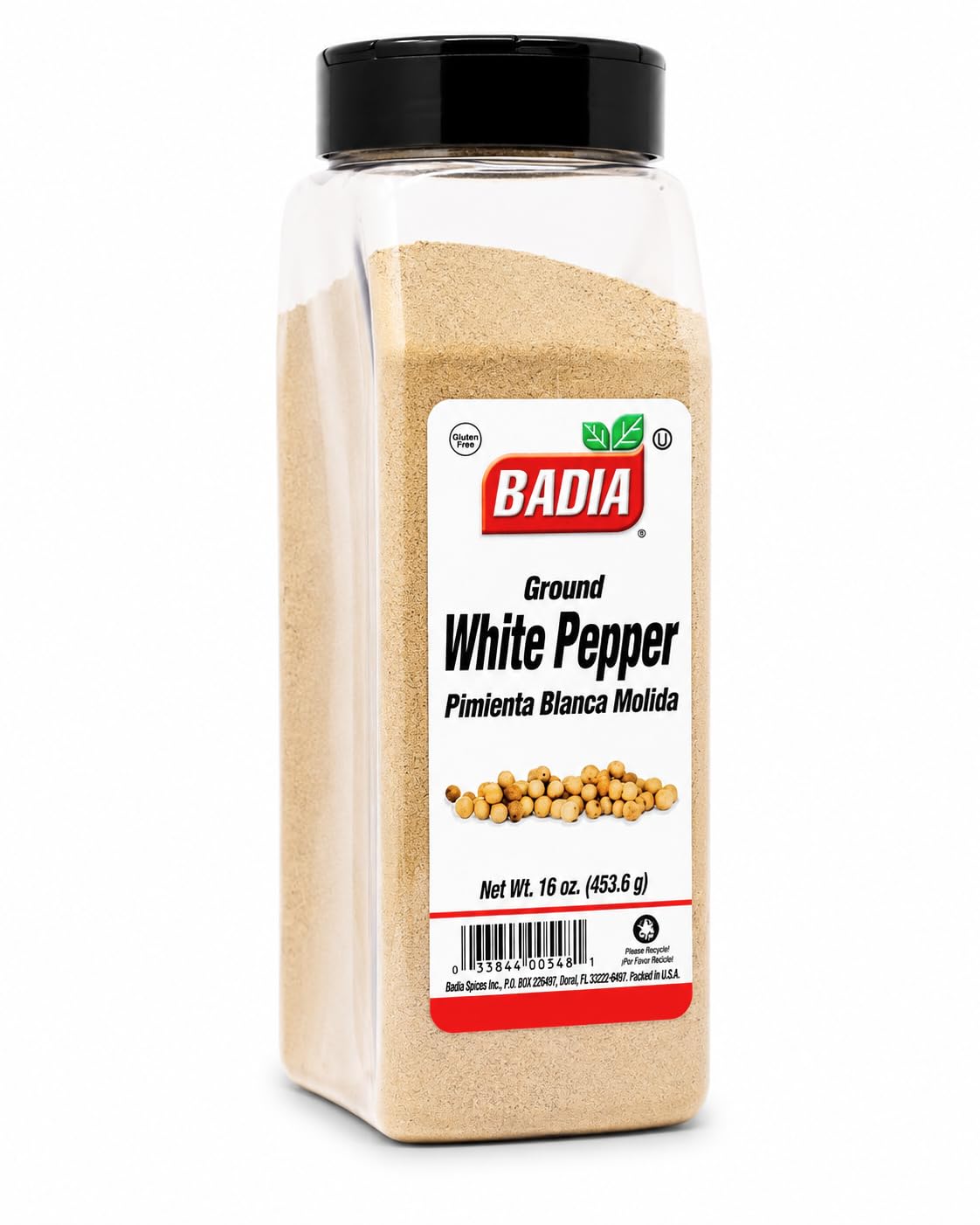 Badia white pepper front packaging showing jar and clear label for easy identification and freshness
