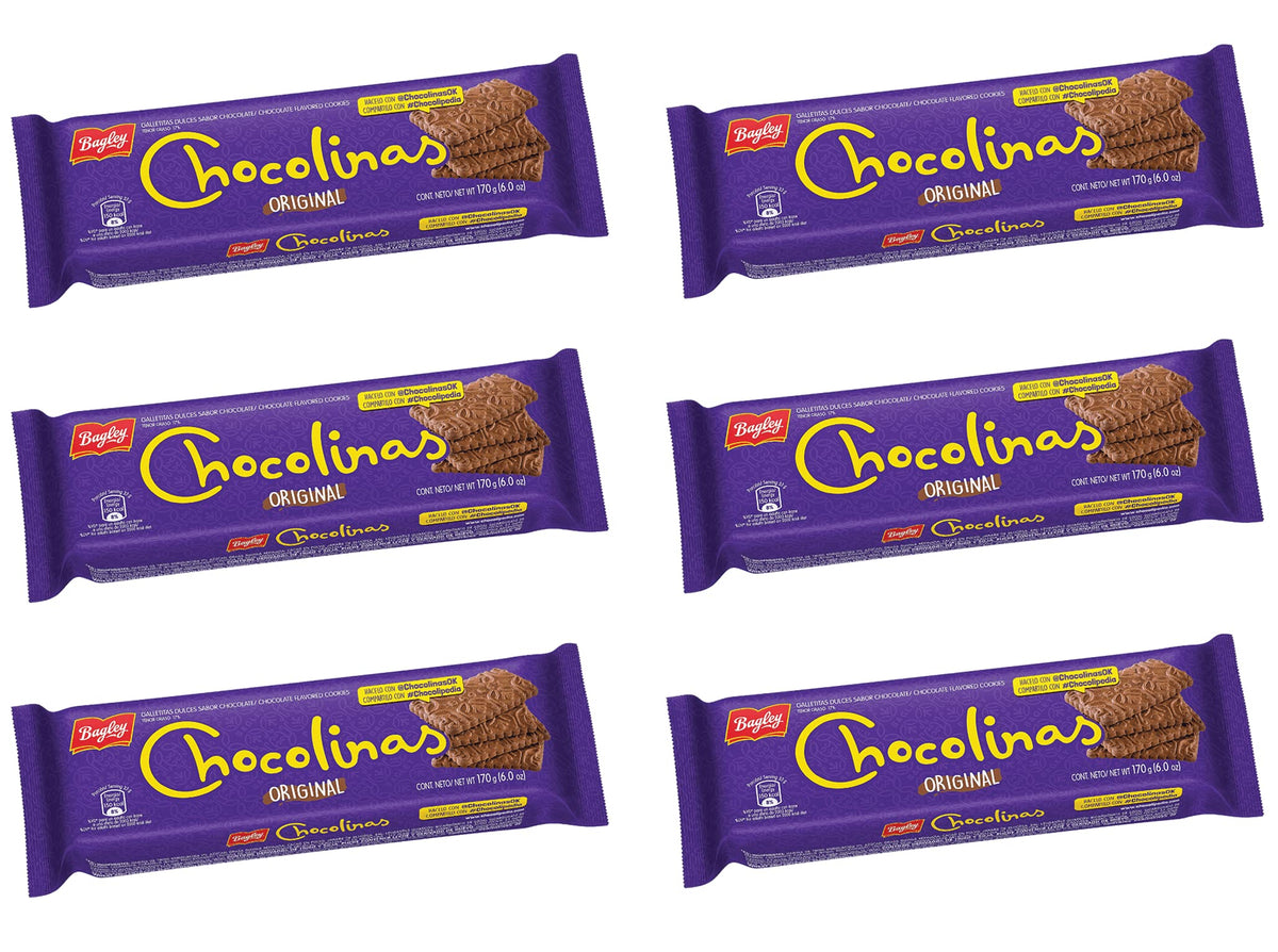 Bagley Chocolinas front packaging showing imported six-pack, perfect for snacking