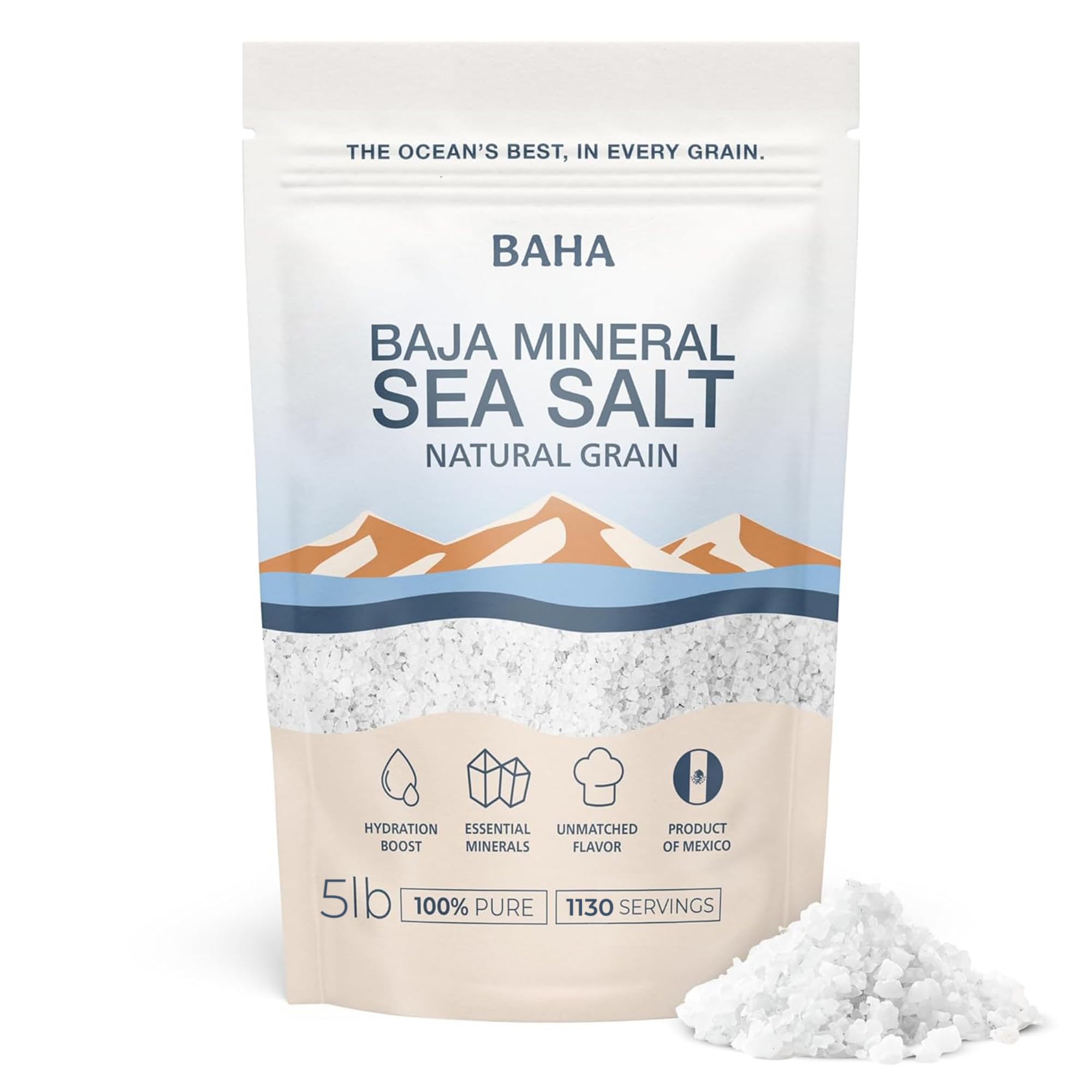 Baha Sea Salt front pouch showing brand and 5 lb packaging for value
