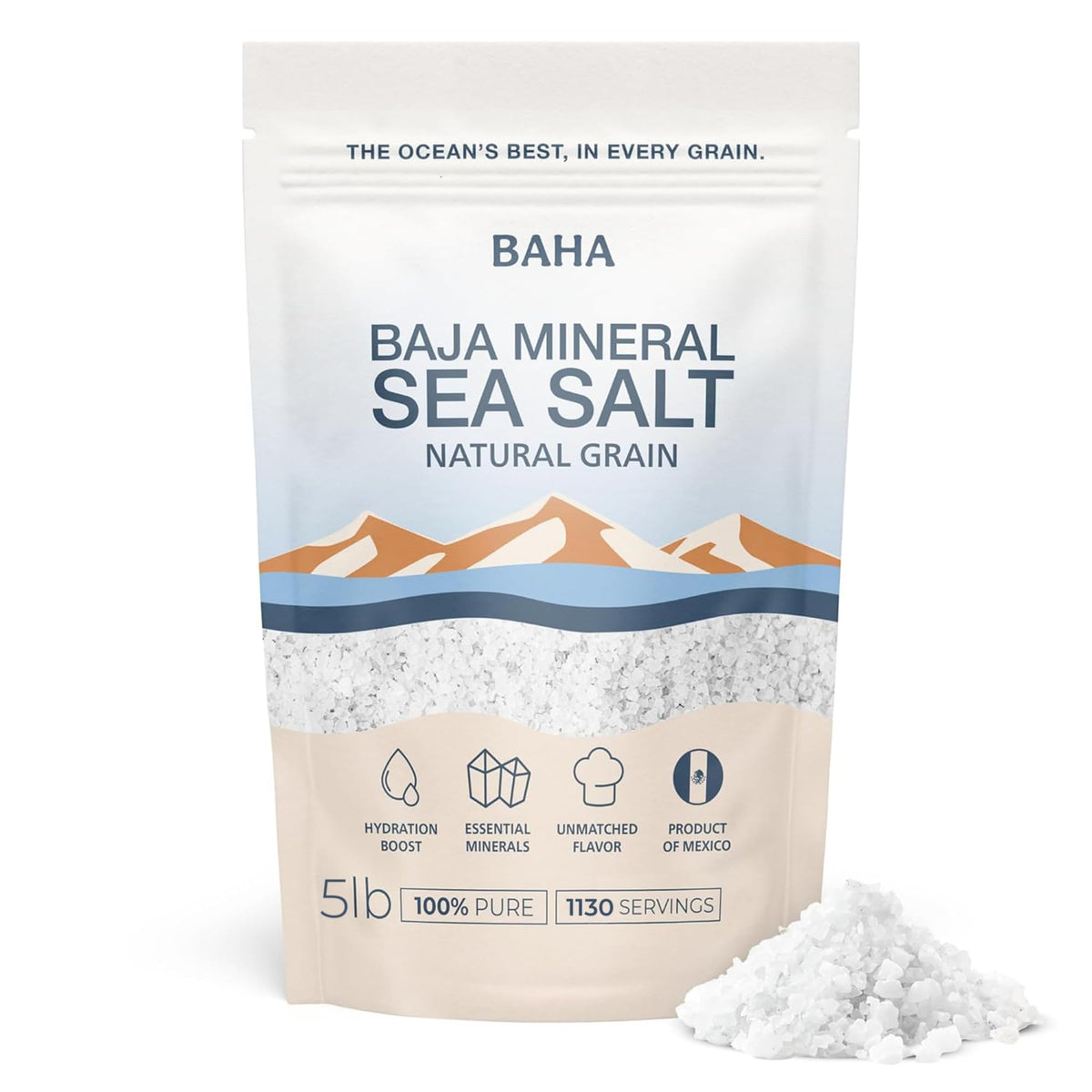 Baha Sea Salt front pouch showing brand and 5 lb packaging for value