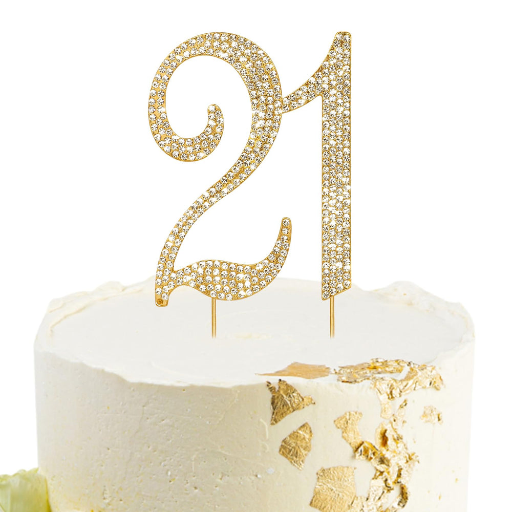 BAHABY front view showing gold 21 topper and sparkling rhinestones for elegant cakes