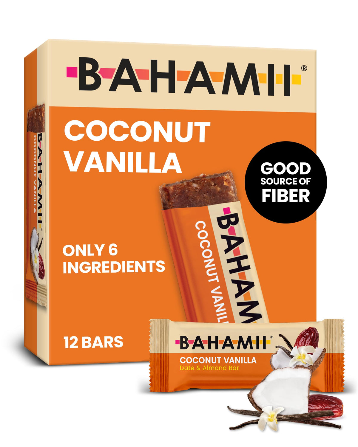 Bahamii front packaging showing coconut vanilla flavor and 12-count convenience