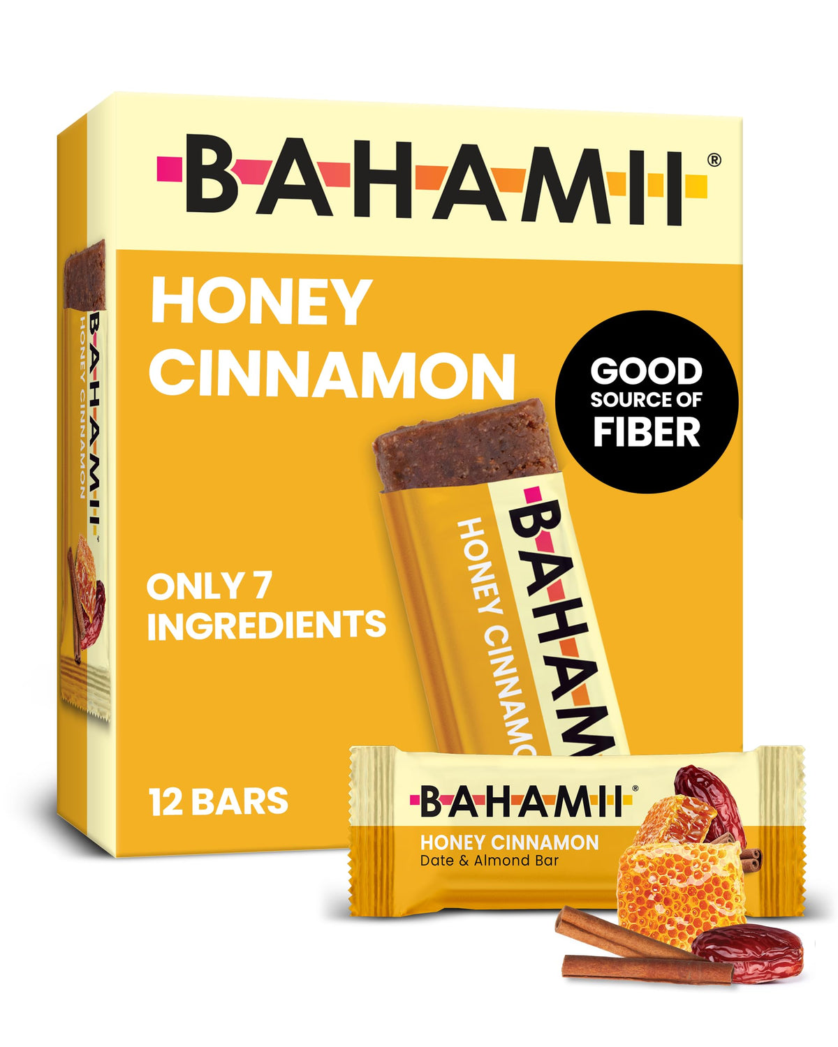 Bahamii front packaging showing honey cinnamon flavor and clean-label benefits