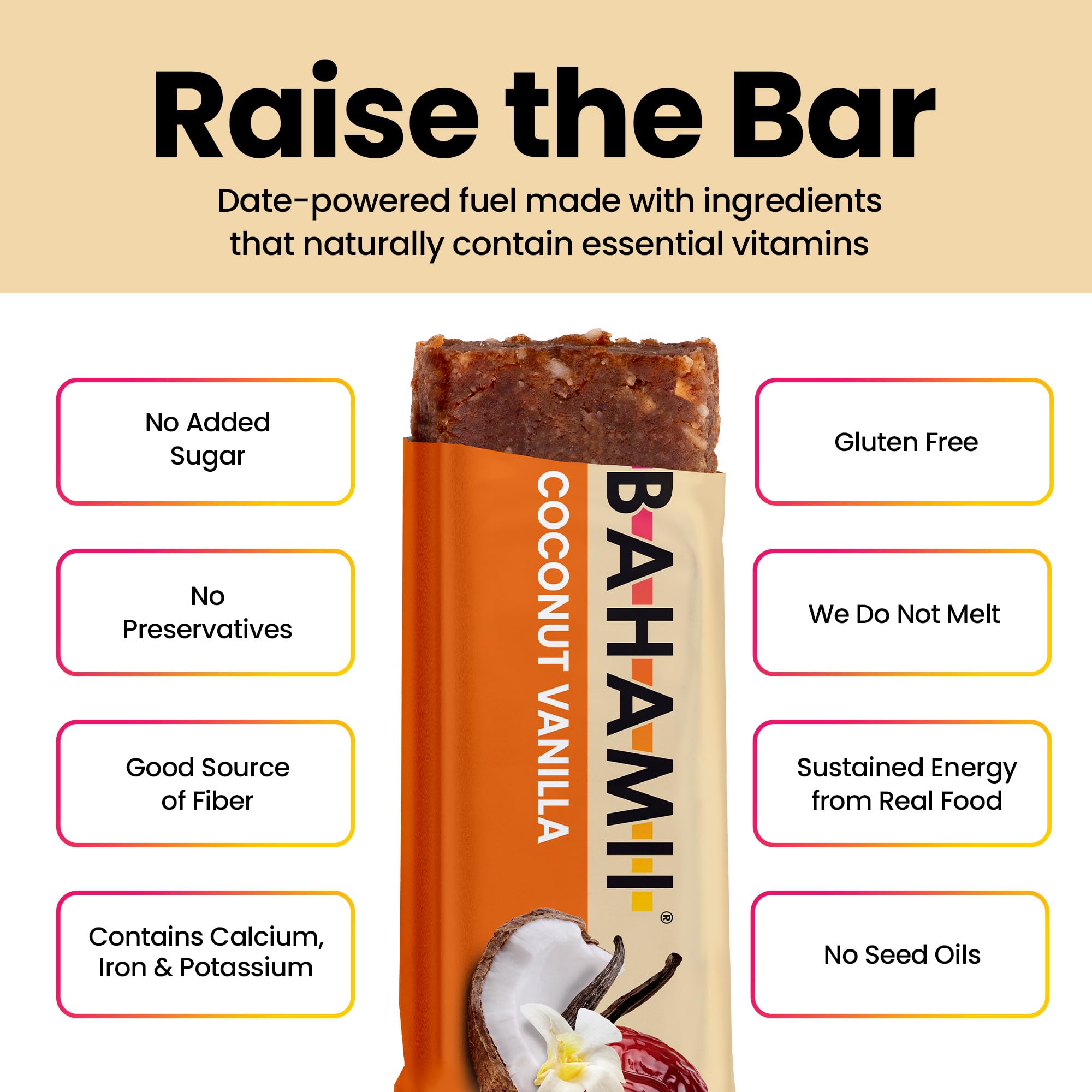 Bahamii nutrition label and certification icons highlighting non-GMO and vegan benefits