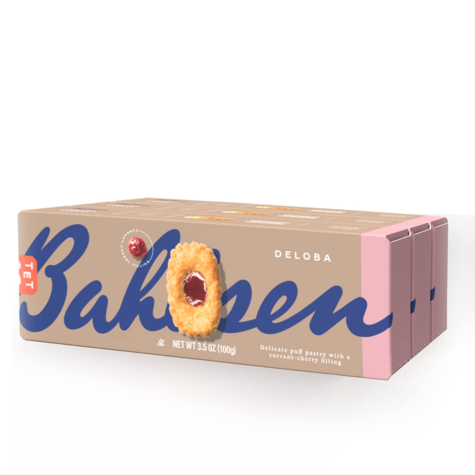 Bahlsen Deloba front packaging showing three boxed cookies and branding benefit: convenient gifting