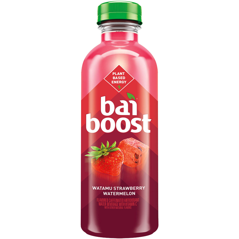 Bai label close-up highlighting caffeine, vitamin C and low sugar benefits