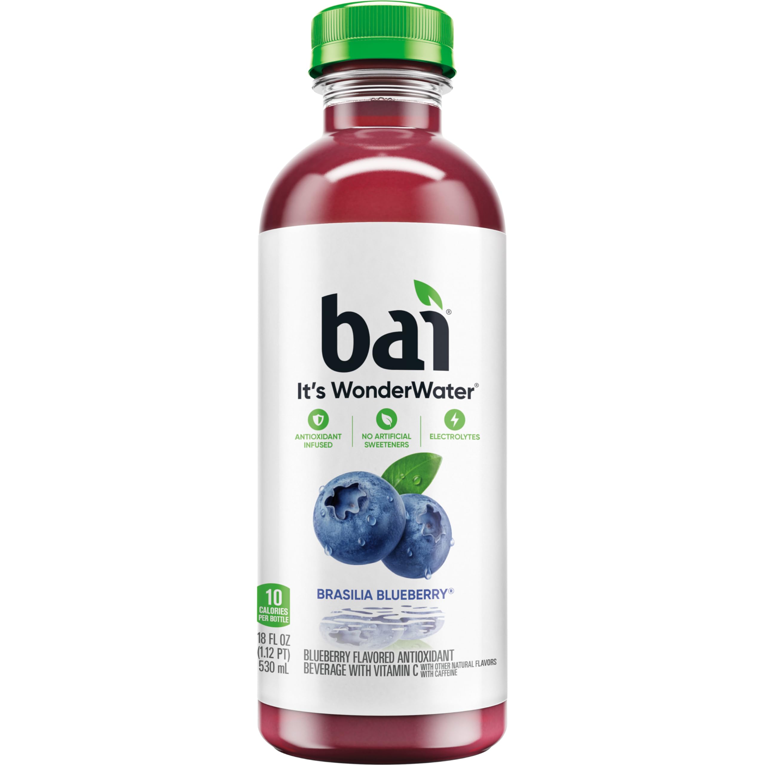 Blueberries and stevia leaf beside Bai bottle illustrating natural-inspired ingredients