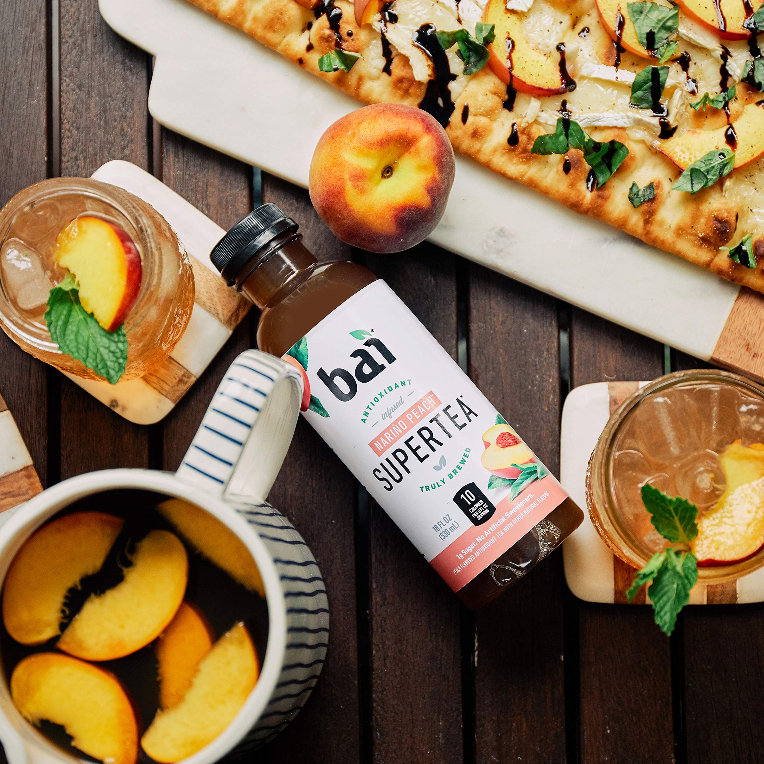 Recycled-packaging visual for Bai Narino Peach Tea highlights eco-conscious disposal