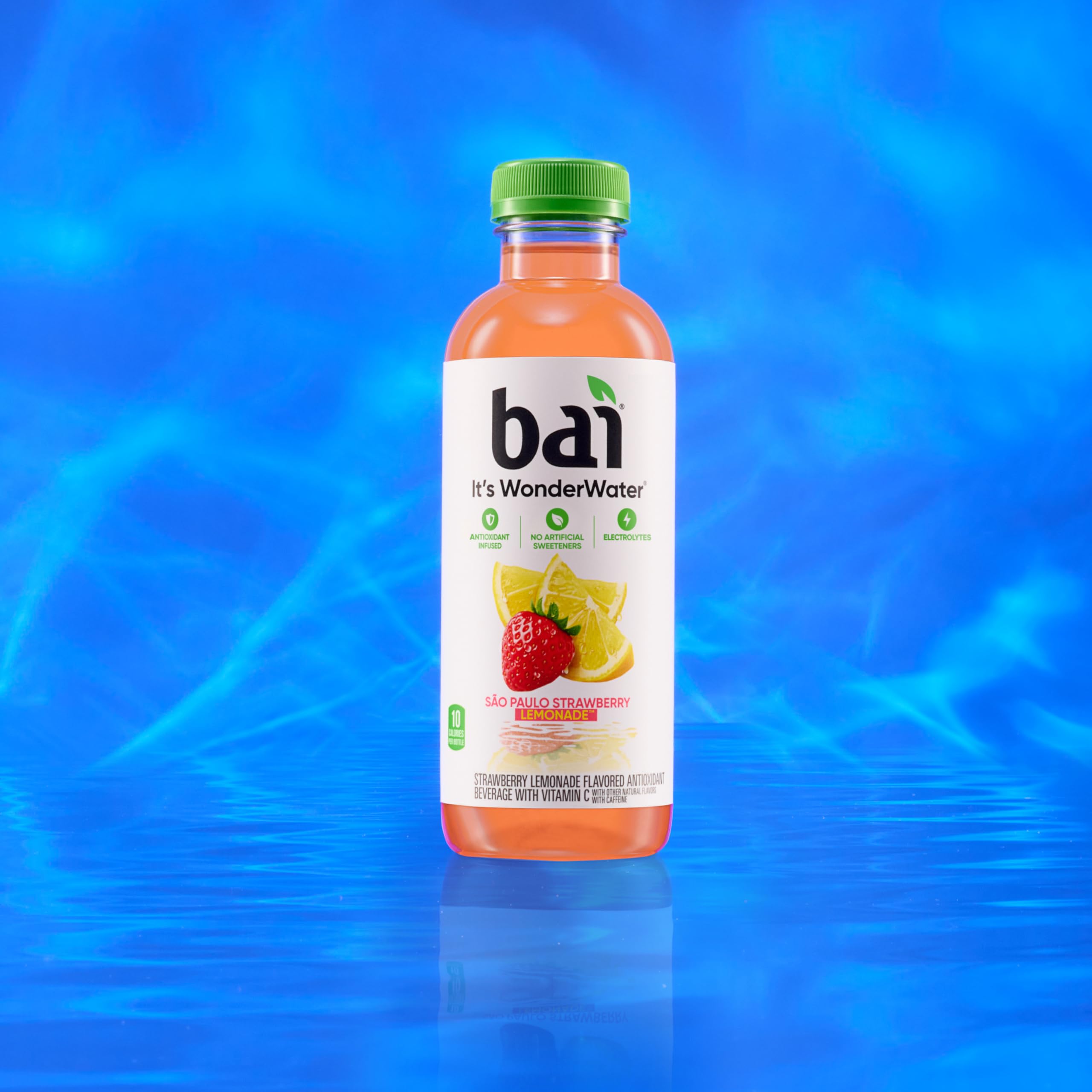 Bai bottle in hand showing 18 fl oz size for on-the-go convenience