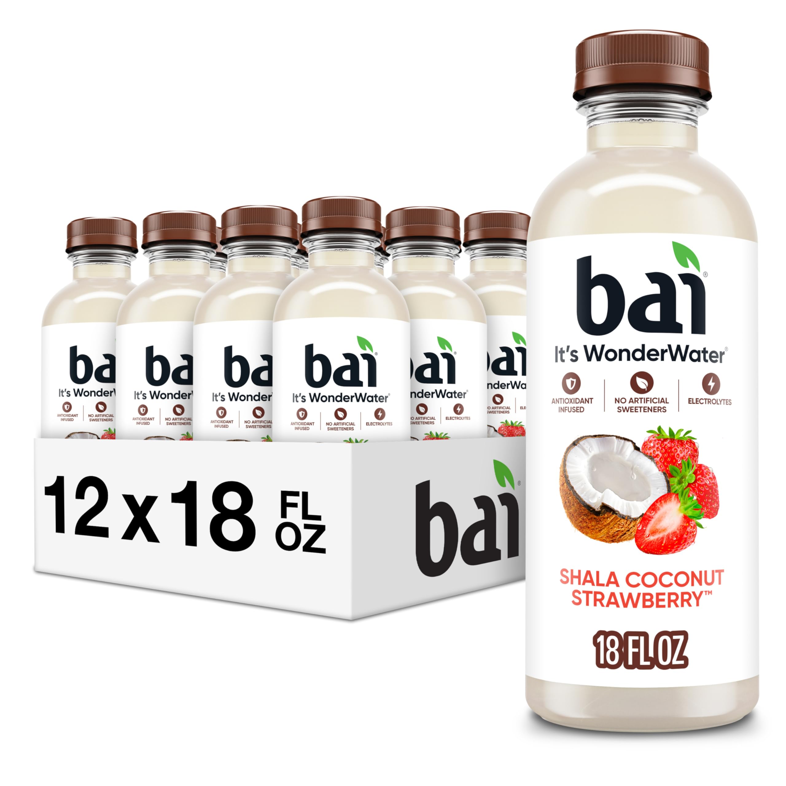 Bai bottle front packaging showing Shala Coconut Strawberry flavor and benefits