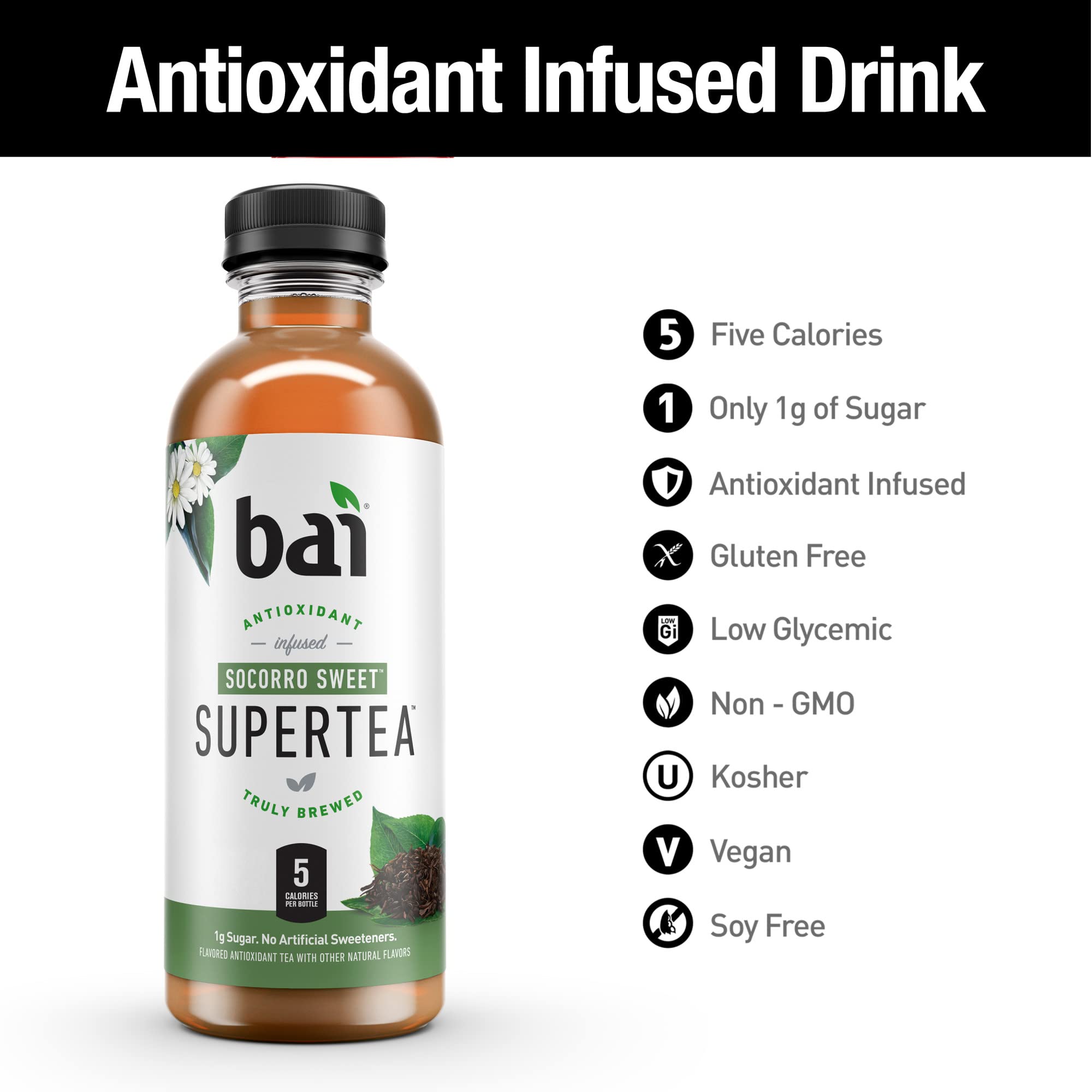 Bai Socorro Sweet close-up label highlighting brewed tea and antioxidant info