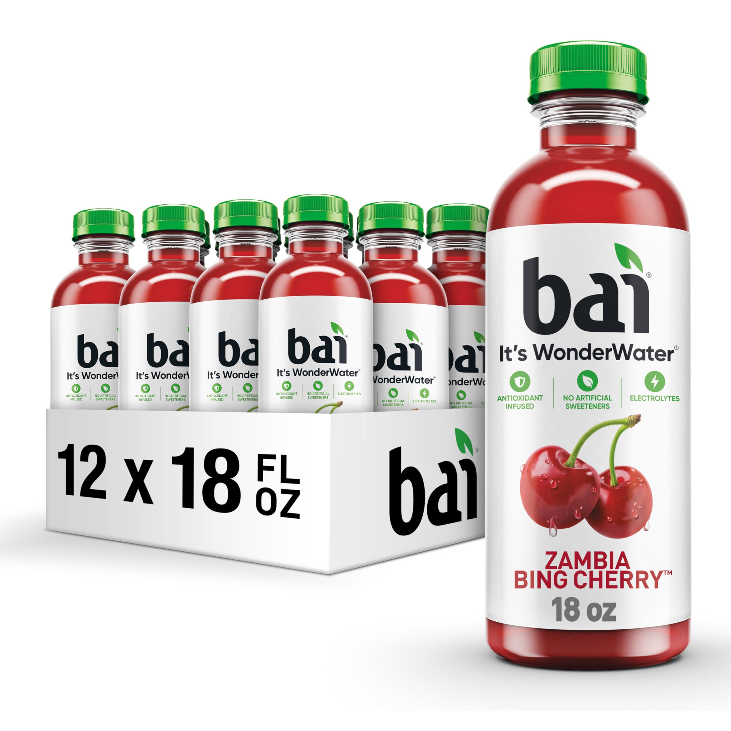 Bai Zambia Bing Cherry front packaging showing vibrant bottle and branding benefit: recognizable hydration