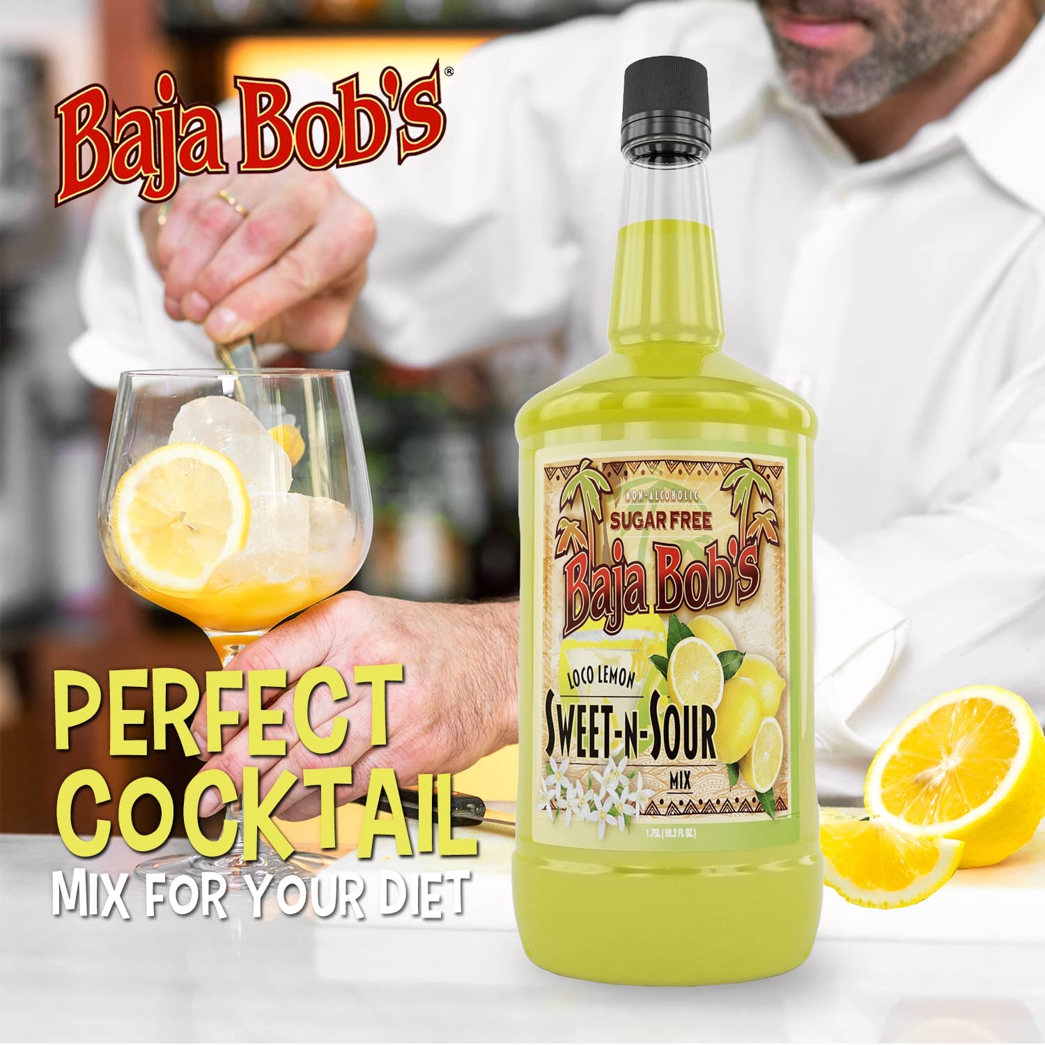 Baja Bob's bottle on bar counter among garnishes, suggests party use