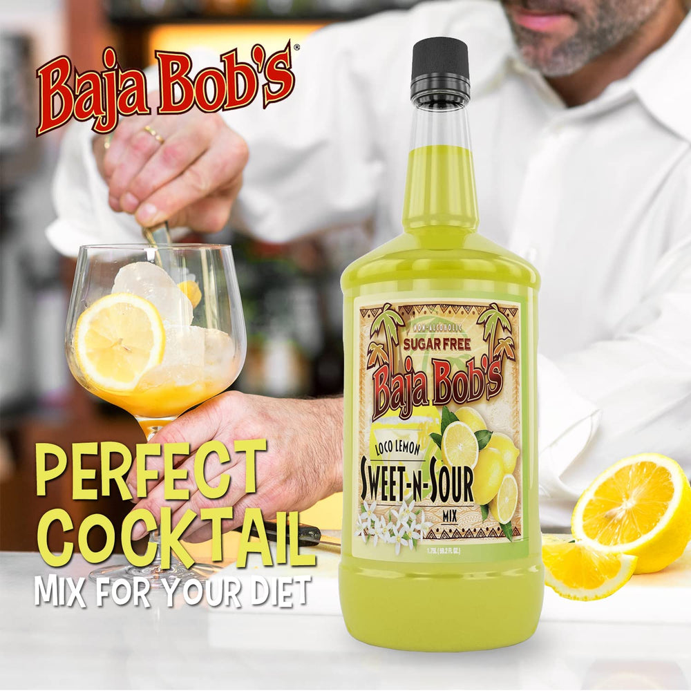 Baja Bob's bottle on bar counter among garnishes, suggests party use