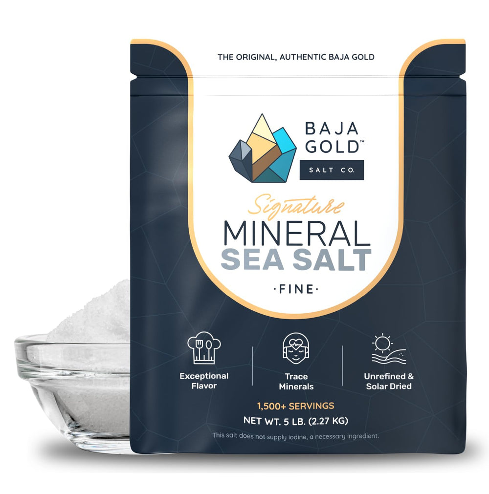 Baja Gold front packaging 5 lb bag showing brand and resealable seal, keeps salt fresh