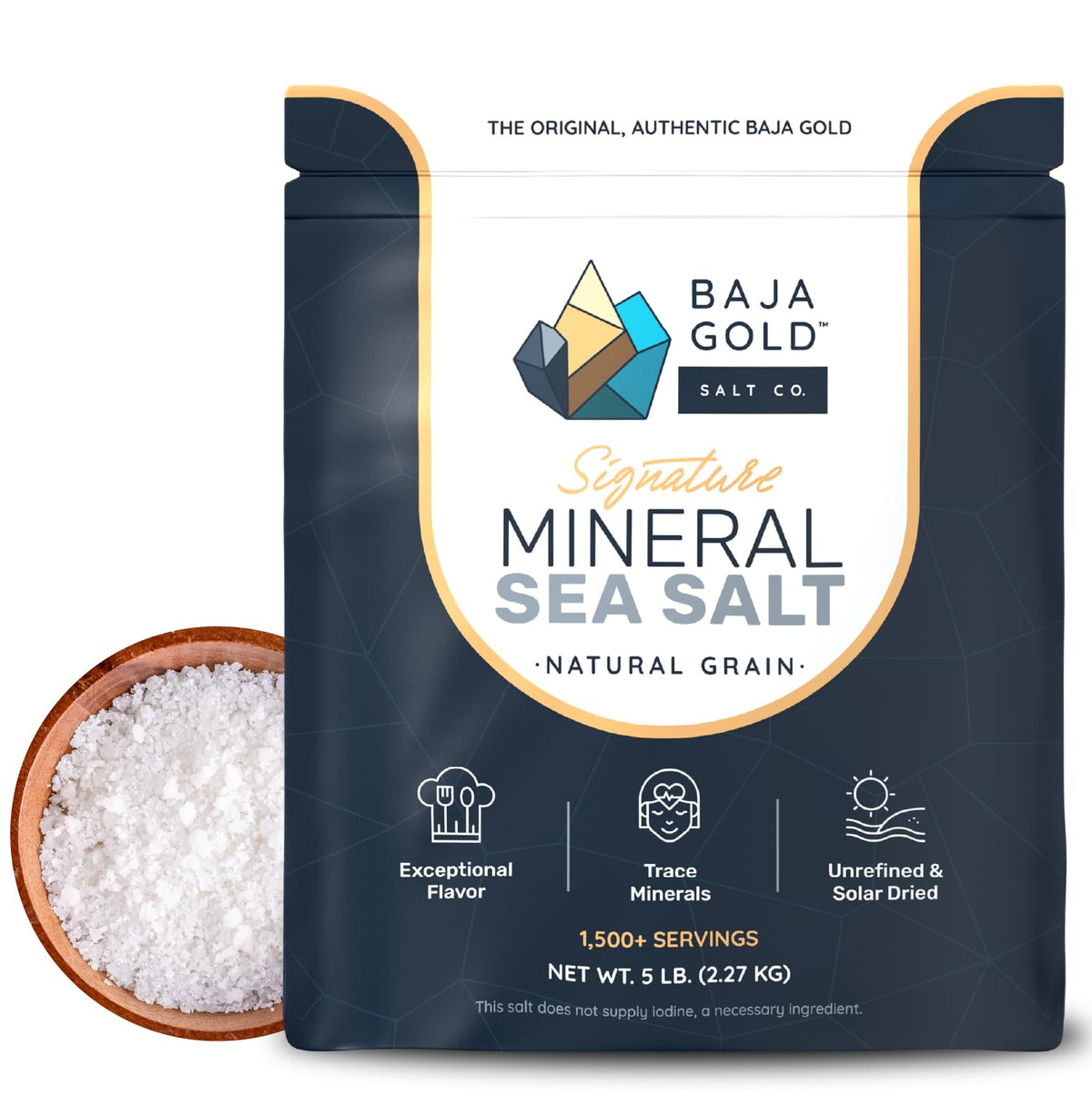 Baja Gold front packaging shows 5 lb bag and brand for pantry convenience