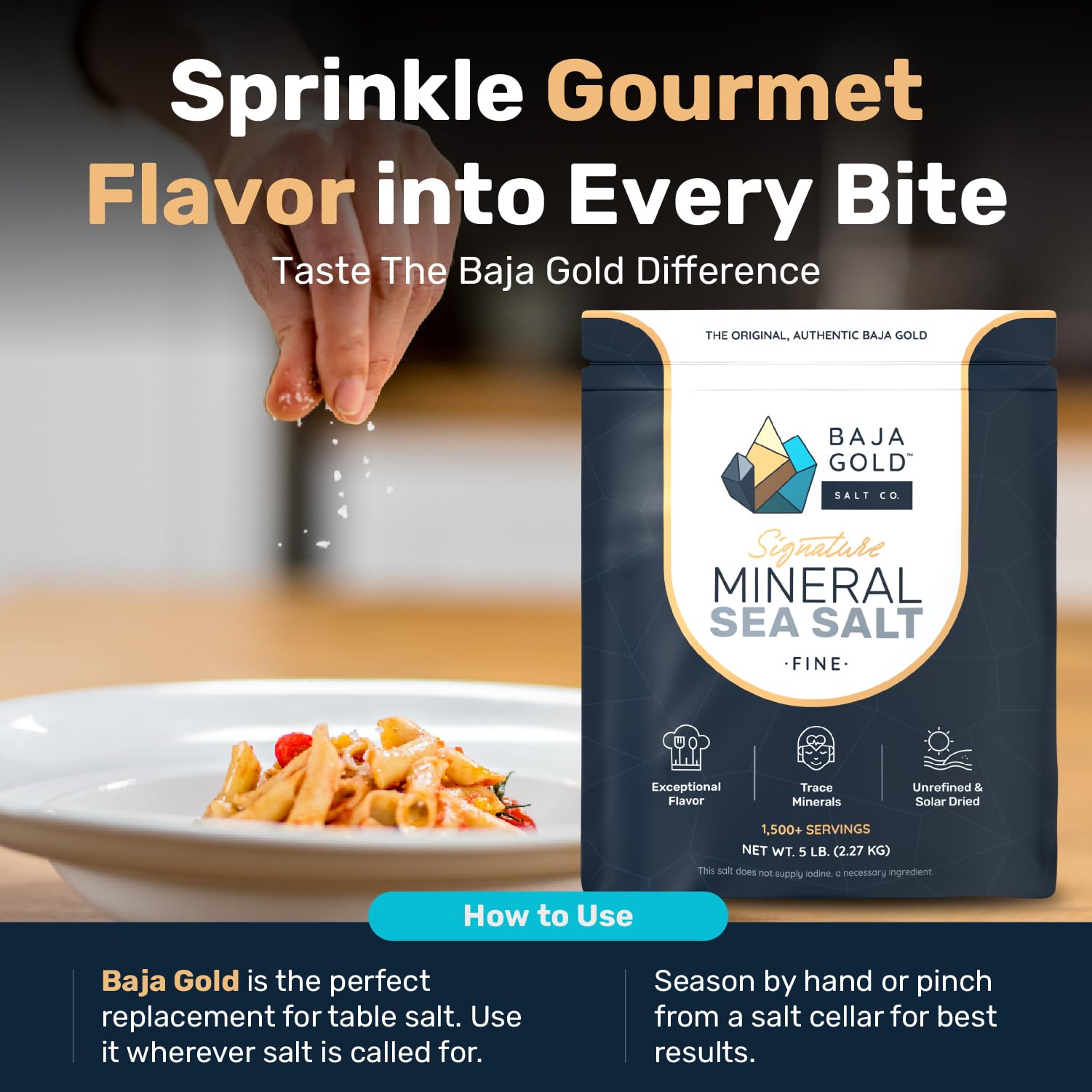 Baja Gold salt in bowl in kitchen setting showing ready-to-use culinary supply