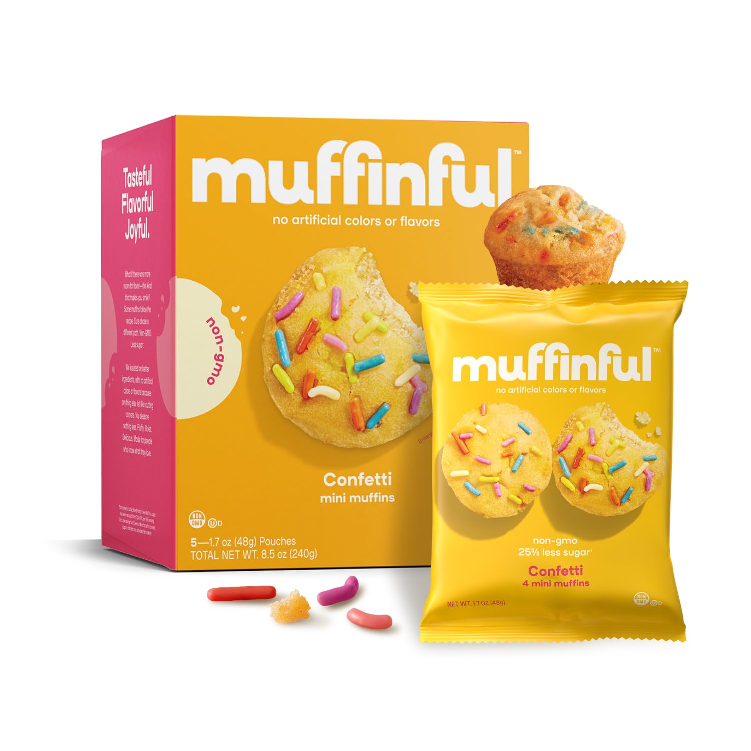 Bakeful front packaging showing bright confetti mini muffins and family-friendly benefit