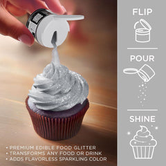 Close-up of Bakell silver Tinker Dust powder texture, fine particles for smooth finish