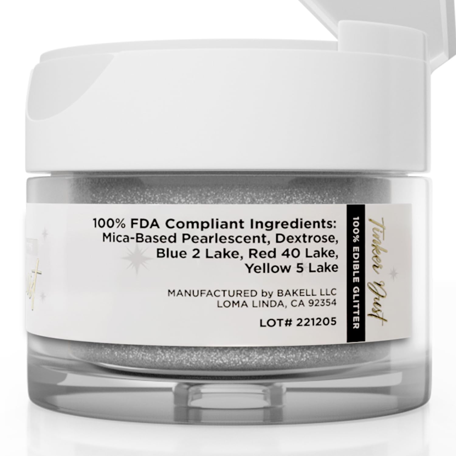 Bakell silver Tinker Dust 5g jar in hand to show scale and precise application convenience