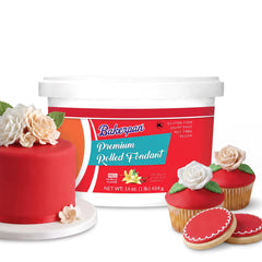 Bakerpan front packaging showing 1 lb red fondant and clear label benefit