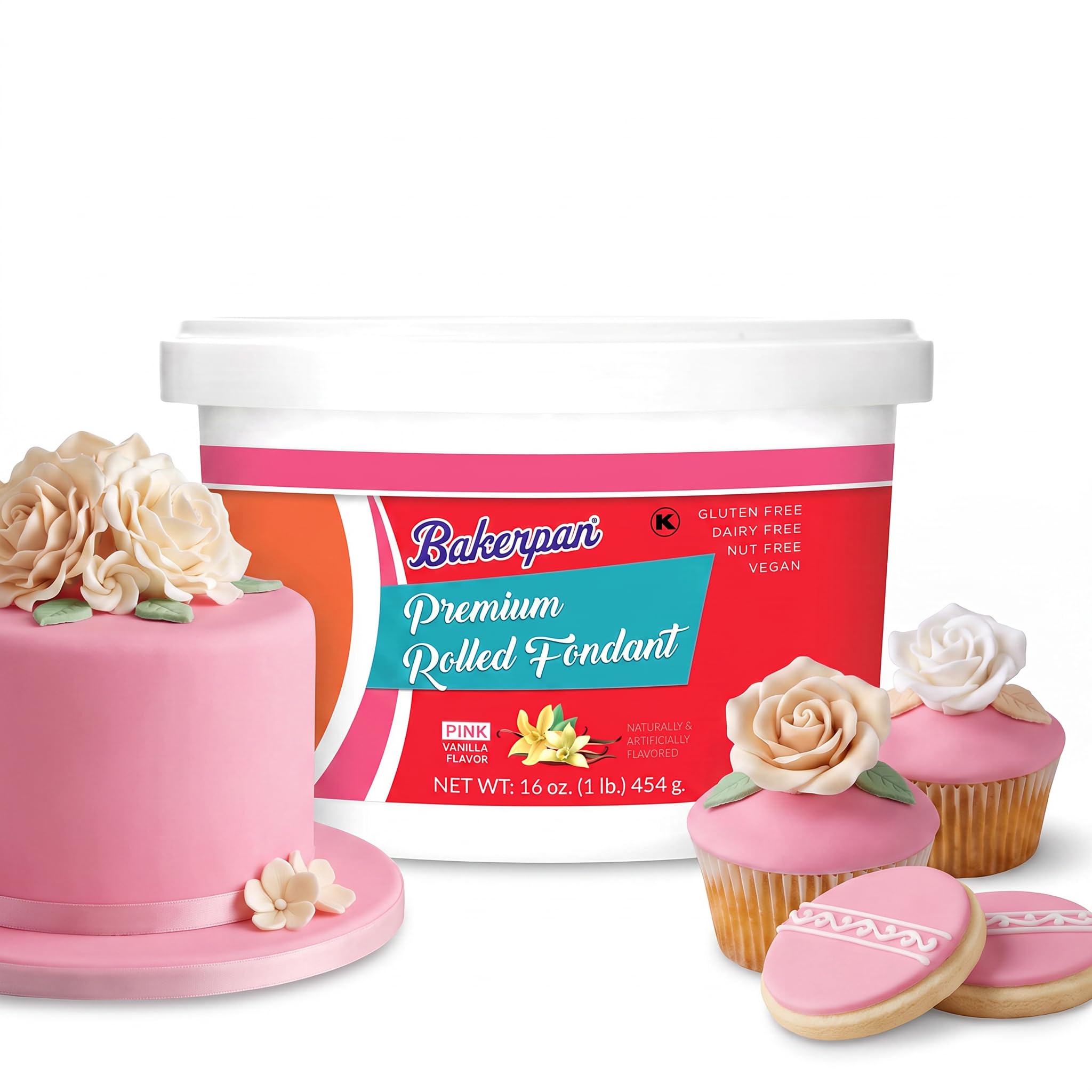 Bakerpan front packaging showing pink fondant and label benefit of ready-to-roll convenience